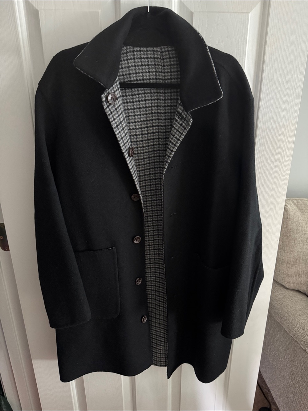 Black Women's Wool Pea Coat with Houndstooth-Look Lining
